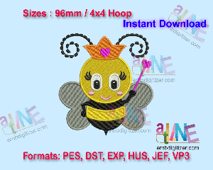 Queen Honey Bee Machine Embroidery Digital Design