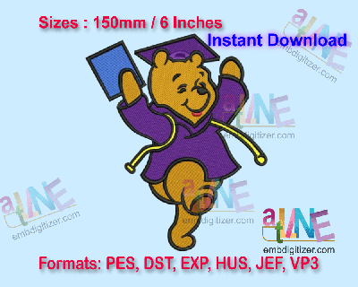 Pooh Graduate Machine Embroidery Digital Design