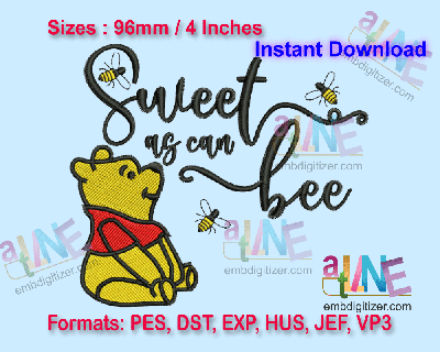 Winnie-the-Pooh "Sweet as can bee" Machine Embroidery Digital Design